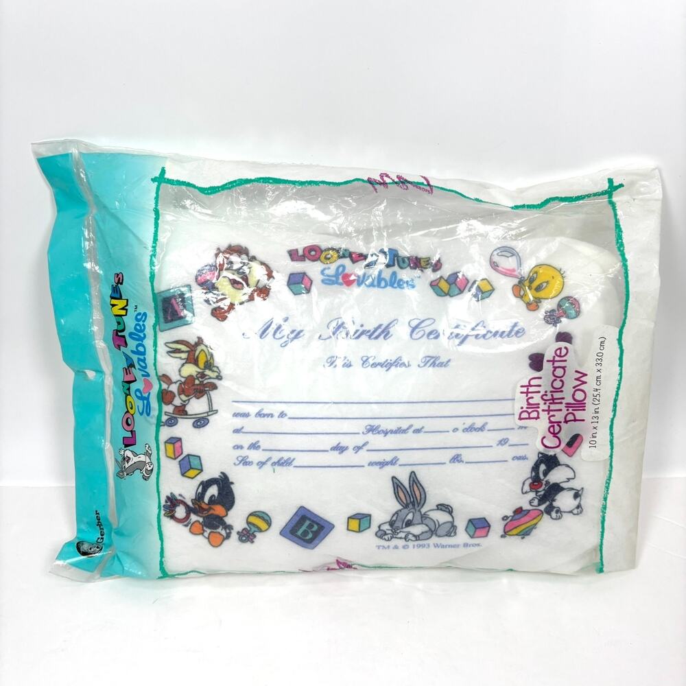 Vintage‎ Gerber Birth Certificate Pillow Baby Keepsake Looney Tunes Lovables 90s
